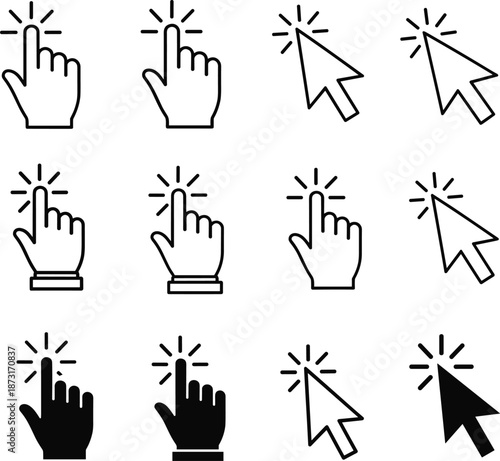 Various hand and cursor icons illustrating clicking actions in different styles and shades