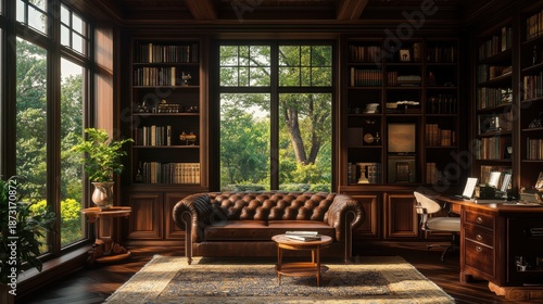 Wallpaper Mural A classic Chesterfield couch in a sophisticated study with dark wood shelves. Torontodigital.ca