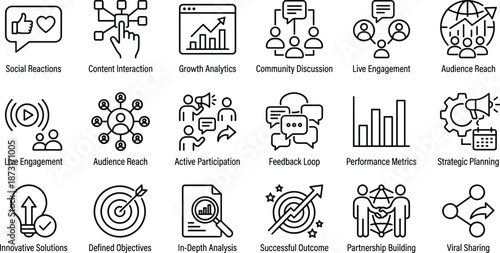 Social media engagement and marketing line icons set illustrating analytics interaction community growth strategy performance branding business concept