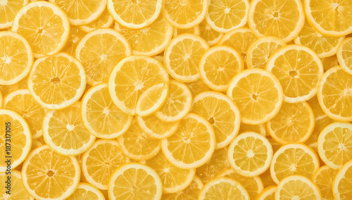 Many overlapping bright yellow lemon slices perfect for food and beverage backgrounds, summer themed designs, refreshing product advertisements, and citrus motifs.