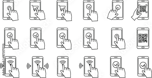 Smartphone touch interaction line icons set showing mobile shopping checkout QR code scanning contactless payment confirmation fintech interface design