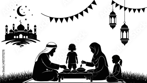 Family Gathering during Ramadan Night under Crescent Moon and Lanterns outdoors with Traditional Decorations