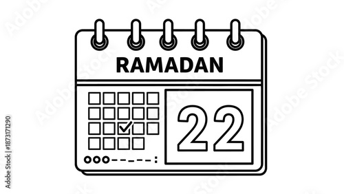 Calendar page marked for Ramadan on the twenty-second day, illustrated in a simple line art style