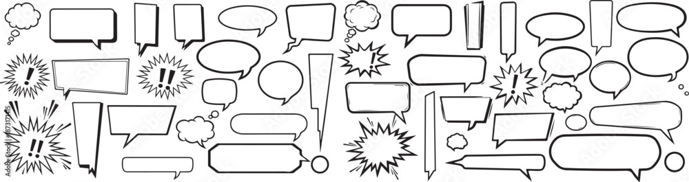 Naklejka premium Speech bubble doodle collection. Hand drawn comic dialog balloons and call-out shapes vector eps