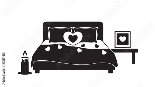 Cozy Bedroom with Heart-Shaped Decor in Soft Monochromatic Tone on Minimalist Background for Romantic Interior Design