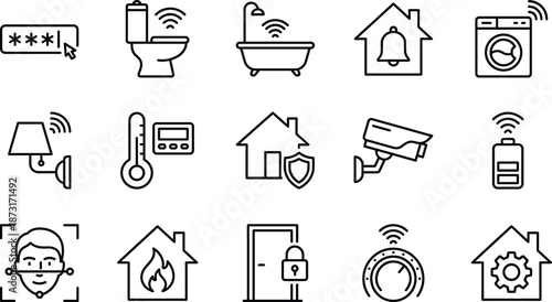 Smart home security and automation line icons set for connected devices control safety monitoring outline vector collection interface design