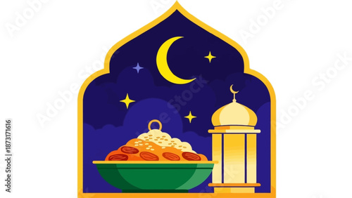 Celebratory feast illustration featuring dates and lantern under crescent moon in arched frame