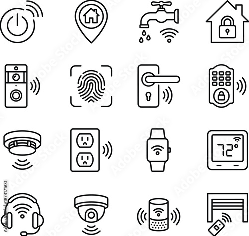 Smart home and IoT security line icons set for connected devices automation wireless control outline vector symbols collection interface design