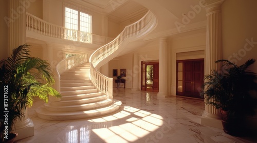 A marble staircase curving gracefully inside a grand mansion.