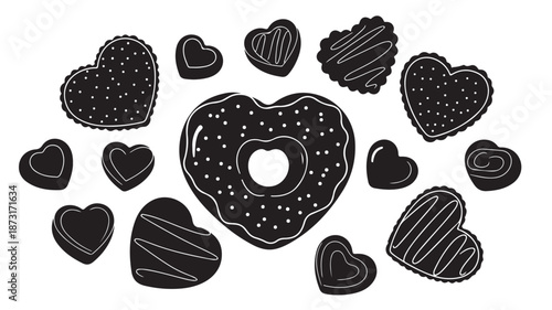 Hand-drawn hearts in various textures with central donut in black and white illustration for greeting cards