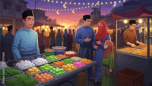 Vibrant marketplace scene at sunset with vendor, customers, and diverse produce on display in a bustling atmosphere