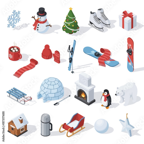 Isometric winter and Christmas items set with various objects like snowman, tree, skates, and igloo.