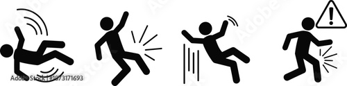 Slip trip fall hazard icons, safety silhouette, workplace injury warning, vector illustration, black pictogram, caution signage, accident prevention graphic
