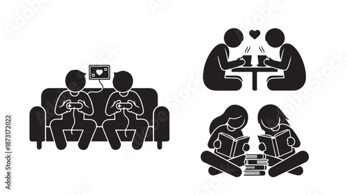 Family bonding moments in minimalist black silhouettes with simple shapes and clean lines for social media graphics