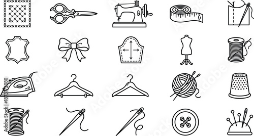 Sewing tailoring and needlework line icons set with tools accessories patterns for fashion design craft illustration vector outline