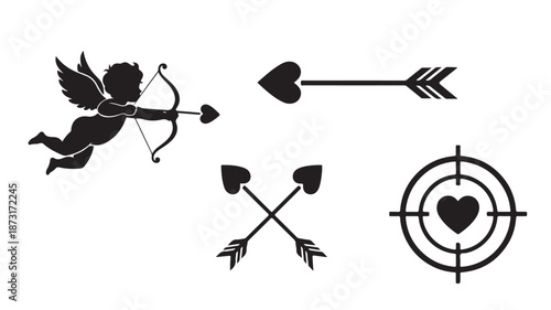 Cupid and Arrows Silhouette Set in Minimalist Style with Black Color on White Background for Valentines Day