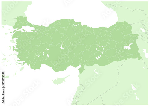 緑色の濃淡で描いた、トルコ共和国の行政区分付きの地図（白地図）A blank map of the Republic of Turkey with administrative divisions in shades of green.