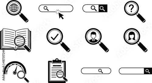 Search and research icons set featuring magnifying glass search bar analysis people documents verification vector illustration collection design