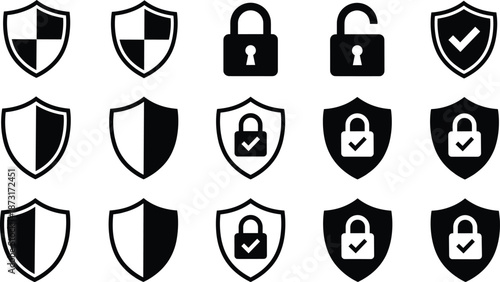 Security shield and padlock icons set representing protection privacy access control cybersecurity safety vector illustration collection design symbols interface technology