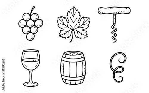 Hand-drawn icons representing wine and winemaking elements on a white background