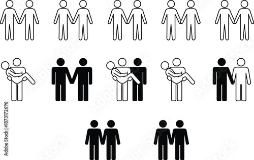 Same sex couple relationship icons illustration showing love partnership diversity, LGBT community symbols, equality concept, simple black white pictogram design