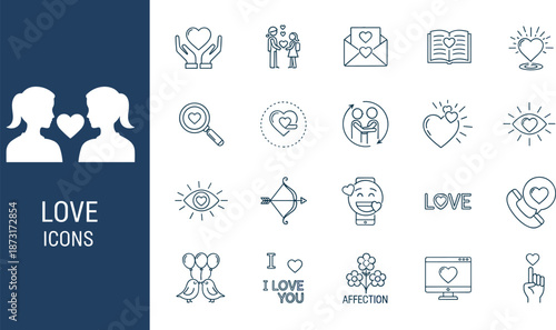 Romantic love icons set with heart symbols, couples, affection elements, relationship illustrations, Valentine graphics, wedding romance design collection for branding