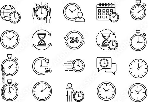 Collection of various time-related icons illustrating different concepts of time and schedules in a simple line art style