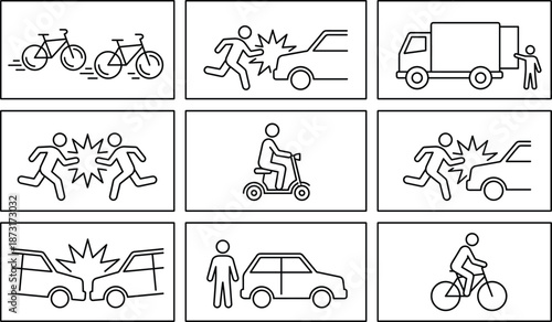 Road traffic accident and transportation safety icon set showing car bicycle scooter pedestrian incidents isolated on white background vector illustration