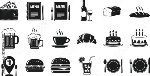 Restaurant food and drink icons set menu bread coffee beer cake burger dining black silhouette vector illustration collection design elements