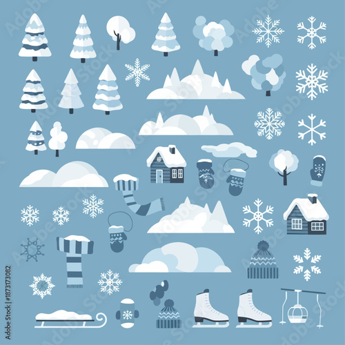 Flat design vector set of various winter season elements and icons on a blue background.
