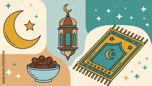 Celebrating Ramadan with Dates, Lantern, and Quran in a Festive Illustration with Stars and Crescent Moon
