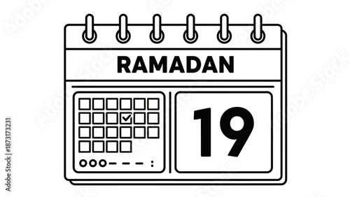 Calendar illustration displaying the 19th day of Ramadan, a significant date in the Islamic calendar, viewed from a straightforward perspective.