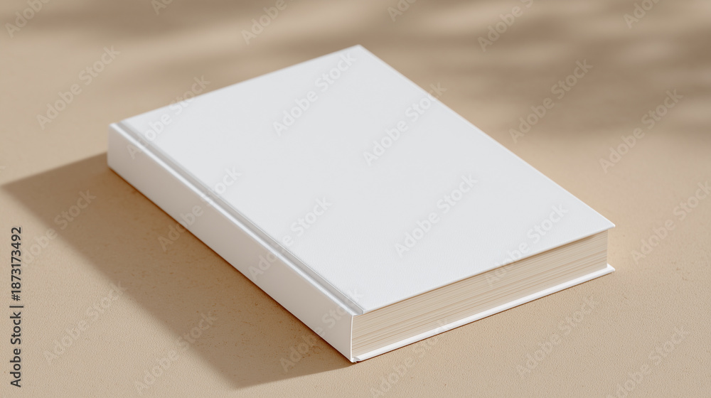 Fototapeta premium A hardcover notebook with a minimalist cover placed diagonally on a solid beige background, subtle lighting for shadow and texture emphasis