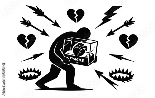 Silhouette of person protecting fragile heart with arrows and traps