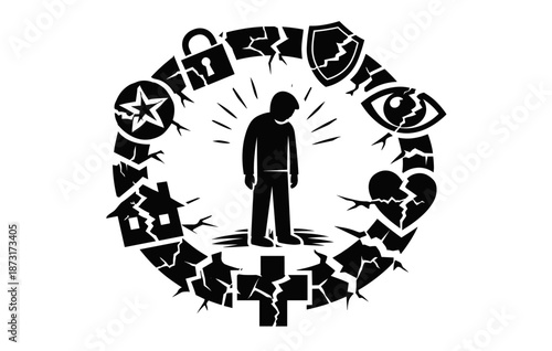 Silhouetted figure surrounded by symbolic images of isolation and vulnerability