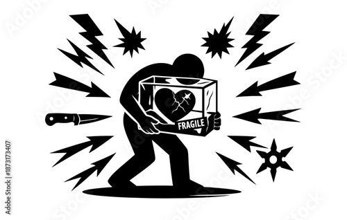Silhouette holding fragile heart box surrounded by symbols