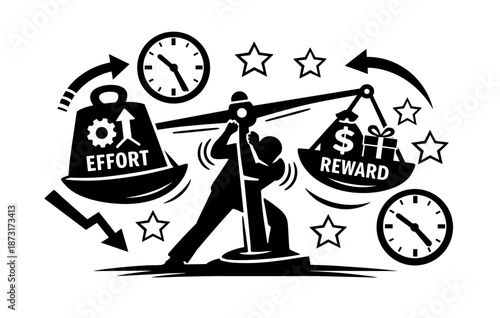 Balancing effort and reward: person manipulating scales with time and weight symbols
