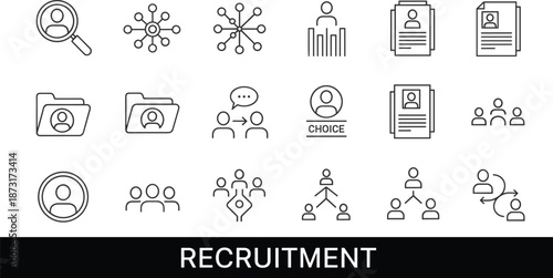 Recruitment and hiring process icons set showing candidate search, resume review, talent selection, human resources workflow, teamwork and organizational structure