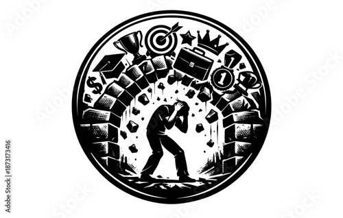 Stressed individual under pressure of success and wealth symbols in circular design