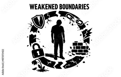 Silhouette of adult male surrounded by broken protective symbols highlighting weakened boundaries