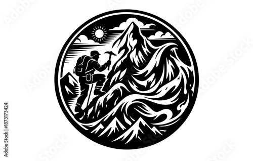 Monochrome mountain climber hiking adventure design with sun and clouds