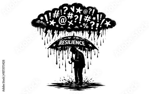 Resilience in the face of chaos: person shielded by umbrella of positivity