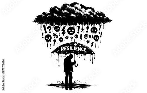 Silhouette of resilient adult under umbrella amidst negative symbols and rainstorm