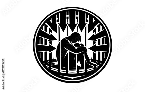 Silhouette of sad figure trapped in cage with arrows pointing inwards