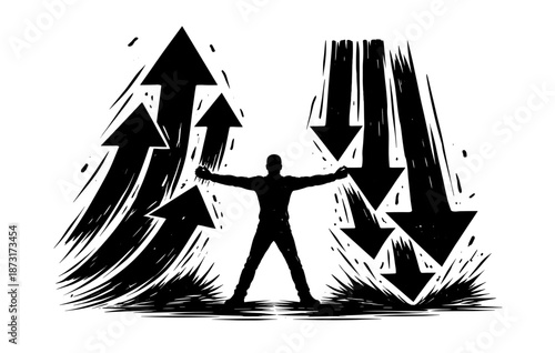 Silhouetted male facing arrows of growth and decline