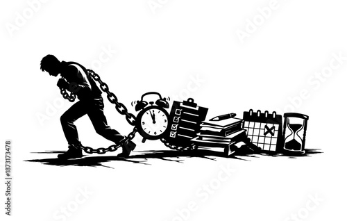 Silhouette of male pulling chains with clock and tasks symbolizing stress and pressure