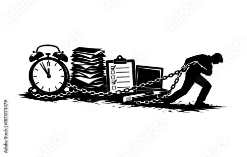 Silhouette of overworked person chained to clock, paperwork, and devices