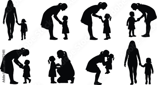 Mother and daughter silhouette interactions showing care guidance and bonding moments in various parenting poses isolated on white vector illustration set