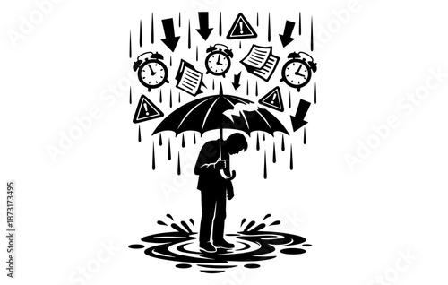 Silhouette of person under umbrella facing overwhelming challenges and deadlines
