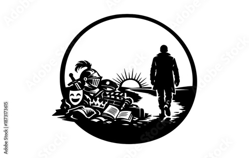 Silhouette of man walking towards sunset with medieval armor and literature